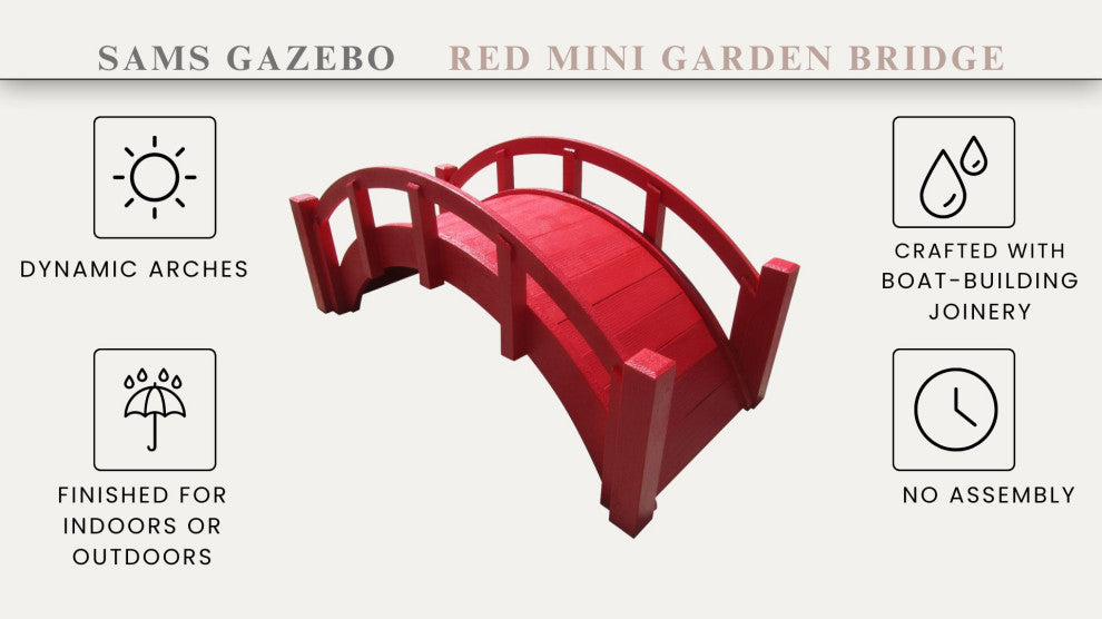 Miniature Red Japanese Wood Garden Bridge, 25", Assembled