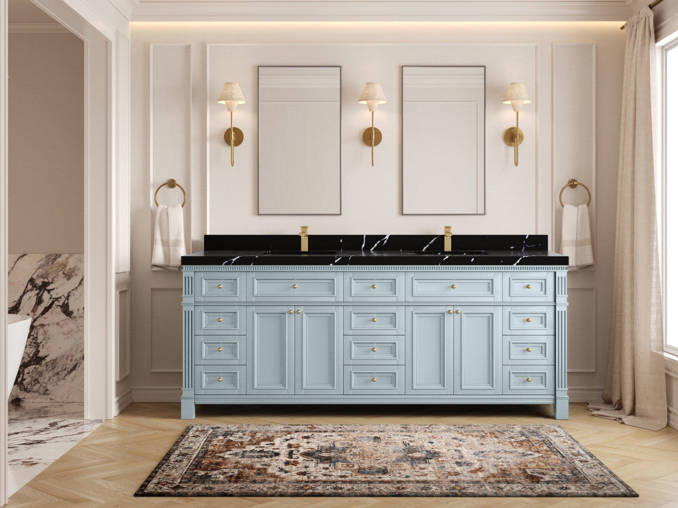 Paris 84" Double Sink Bathroom Vanity, Blue Heather 2" Calacatta Black