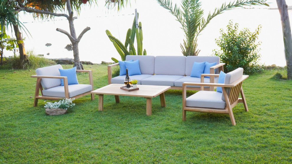 ROSSIO - Nofi 4 Pieces Teak Outdoor Conversation Set, Brown Natural Wood