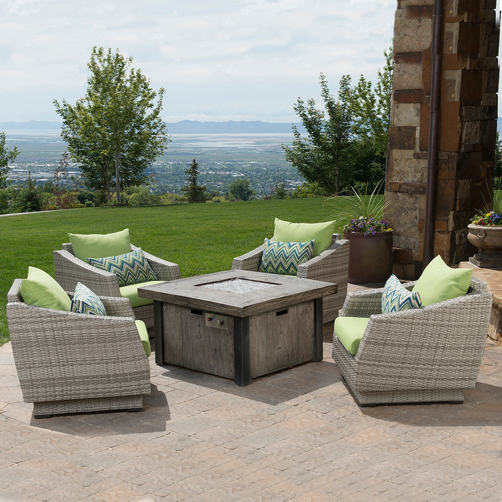 Cannes 5 Piece Sunbrella Outdoor Patio Fire Chat Set, Green