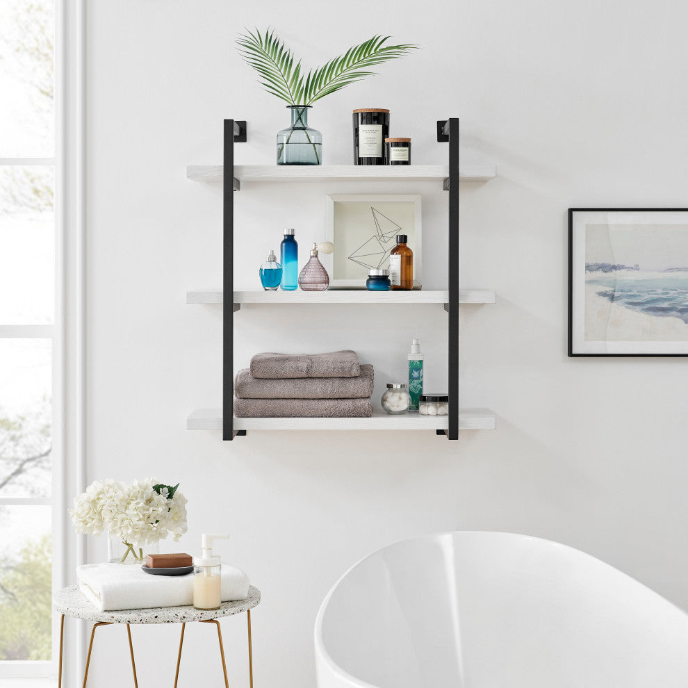 Danya B. Modern 3-Tier Hanging Wall Shelves, Metal and White Birch Finish