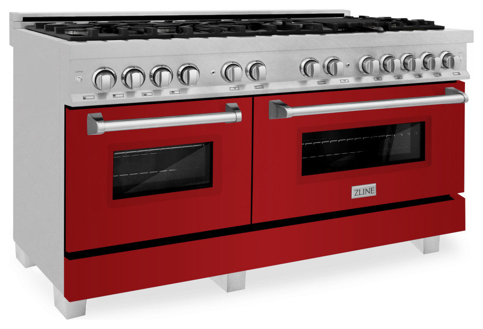 ZLINE 60" Dual Fuel Range, DuraSnow With Red Gloss Door RAS-RG-60