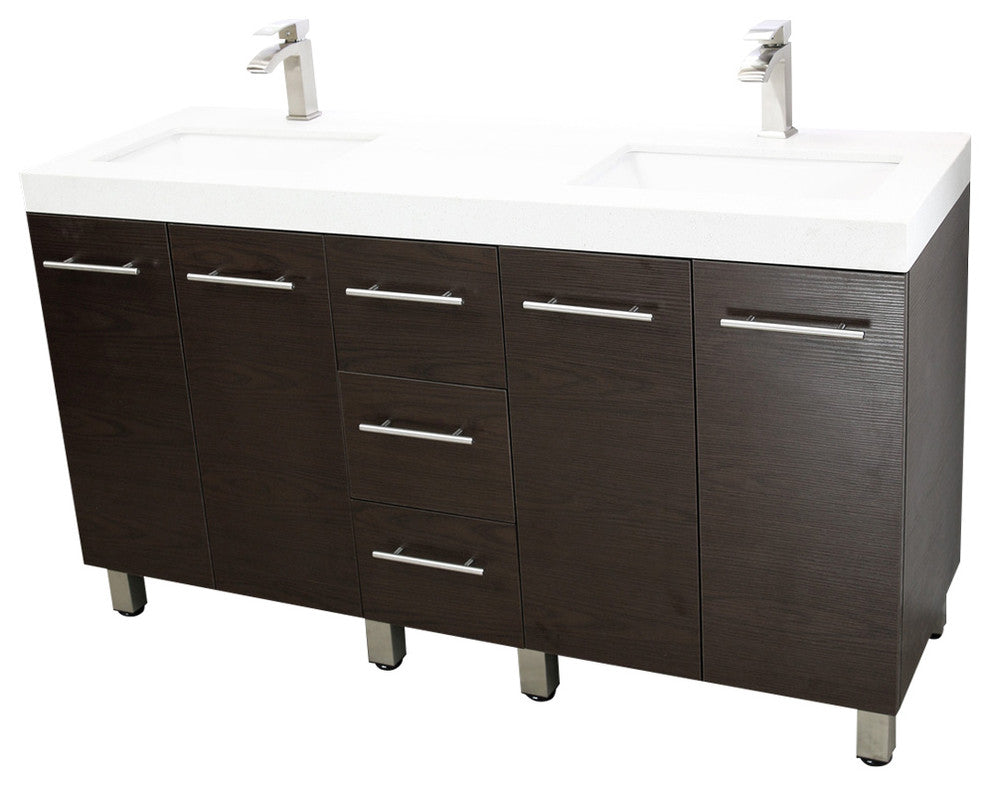 Windbay 60" Free Standing Double Vanity, Brown, White Quartz Under Mount Counter