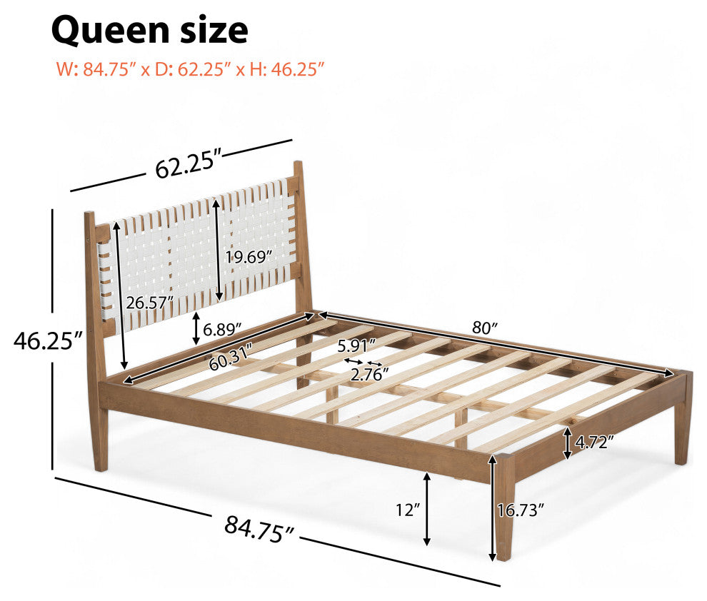GDF Studio Queen Platform Bed With Woven White Leather Back & Natural Wood Frame