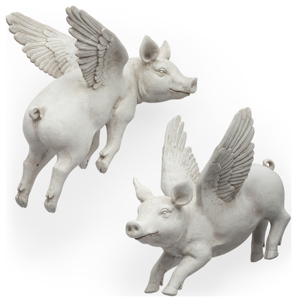 Hogbadi I White Resin Flying Pigs, Set Of 2, White
