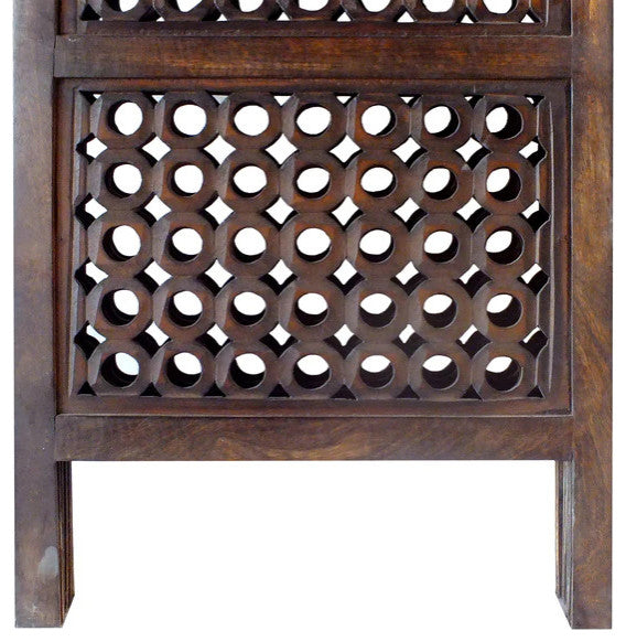 Benzara BM01876 4 Panel Mango Wood Room Divider, Circular Cutout Design, Brown