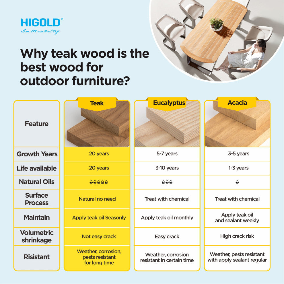 Heck Extendable Teak Outdoor Dining Set for 8 Person, Aluminum, by HIGOLD