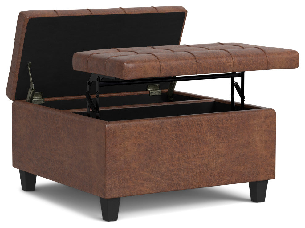 Harrison Small Square Coffee Table Storage Ottoman, Distressed Saddle Brown