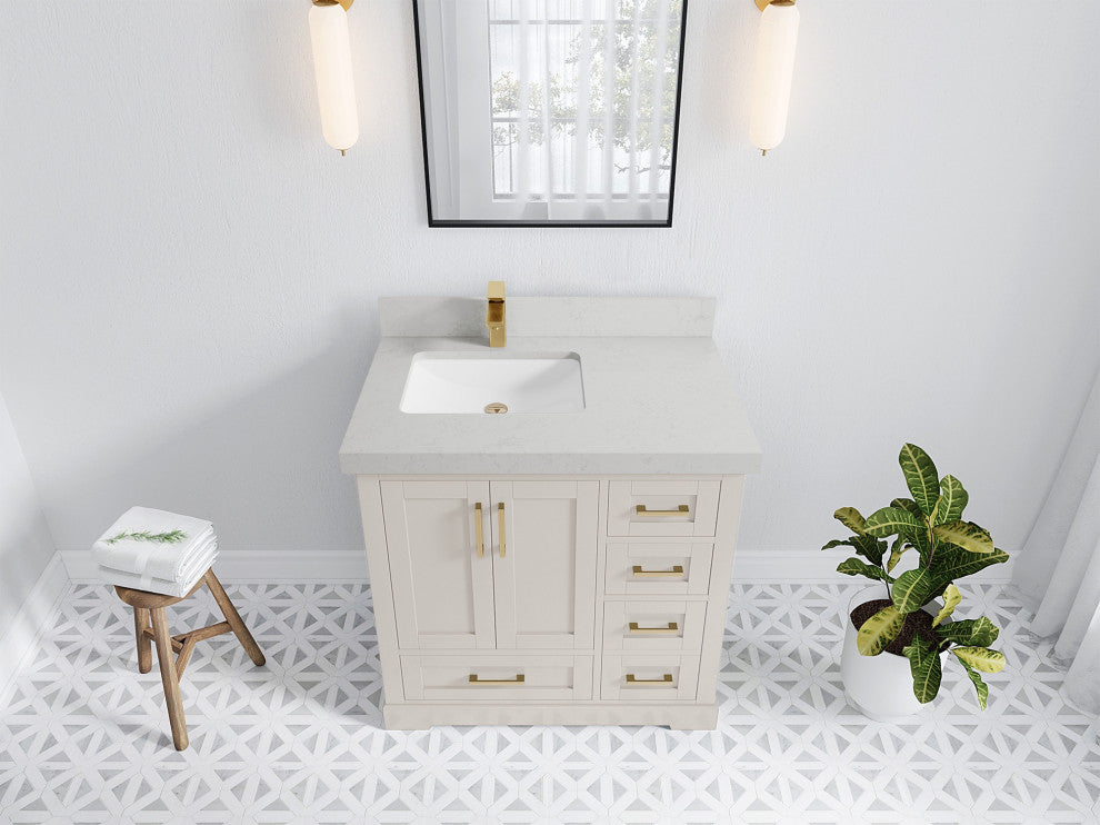 Boston 36" Left Offset Bath Vanity in Fine Grain 2" Carrara Quartz