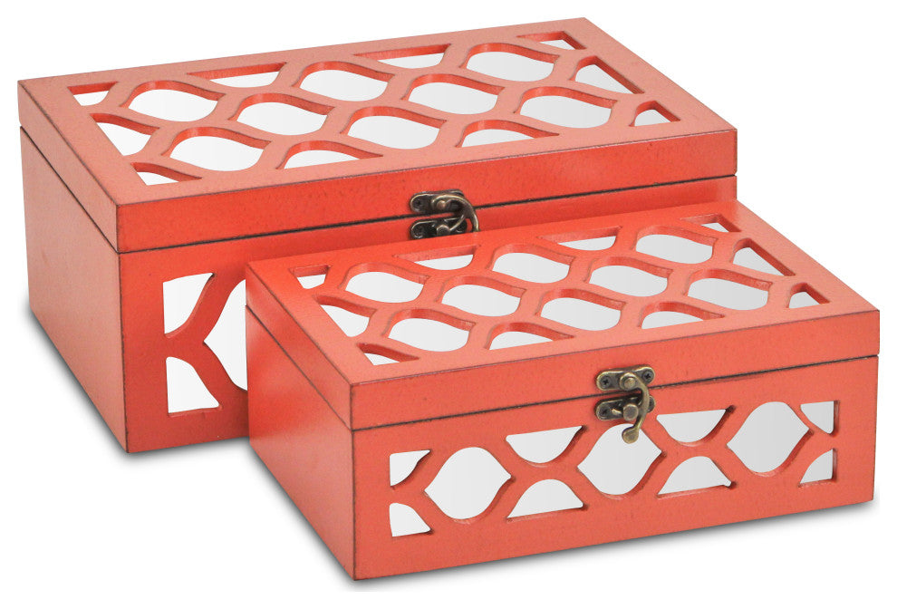 Moroccan Mirrored Wooden Boxes, Blue, Set of 2, Orange