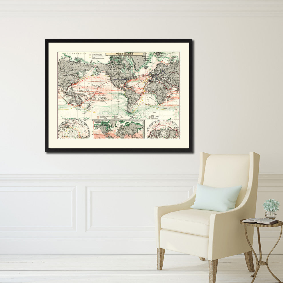 World Ocean Currents Vintage Antique Map Wall Art, 28"x37"