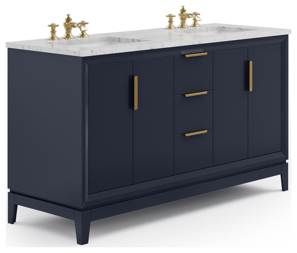 Elizabeth 60" Double Sink Carrara White Marble Vanity, Monarch Blue