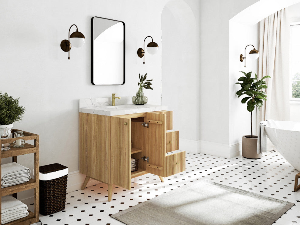 Pasadena 36 Center Sink Bath Vanity in Light Natural Teak 2" Viola Gold