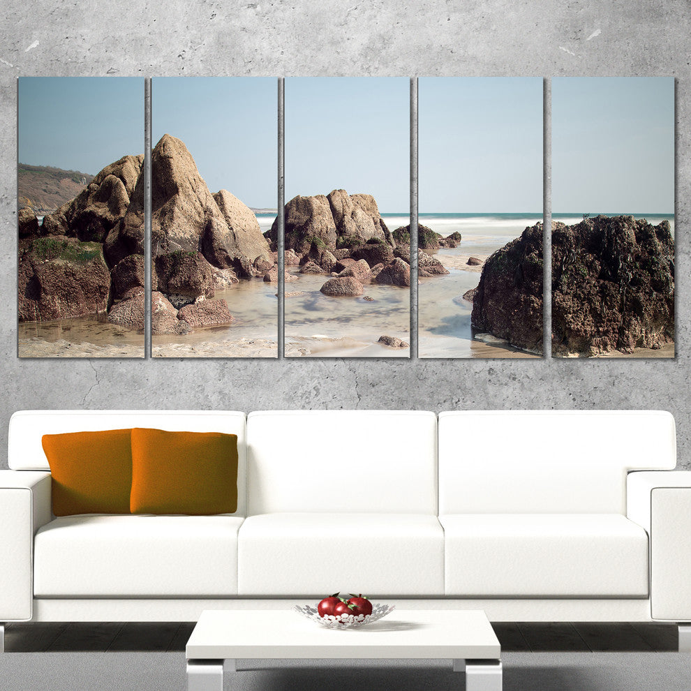 "Large Rocks At Coast Panorama" Seashore Wall Art, 5 Panels, 60"x28"