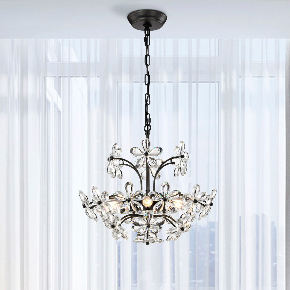 Almira 6 Lights Antique Black Daisy Flower Crystal Chandelier