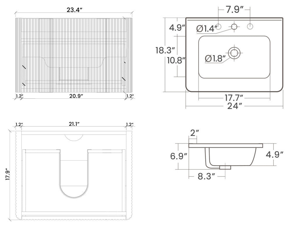Wall-Mounted Bathroom Vanity Set with White Ceramic Sink, 24"