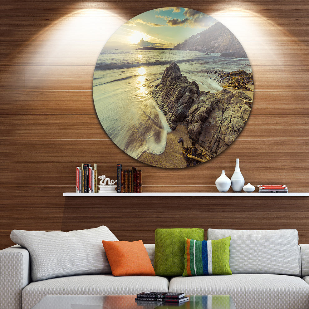 Sunset At Beach Vintage Style, Modern Seascape Round Wall Art, 36"