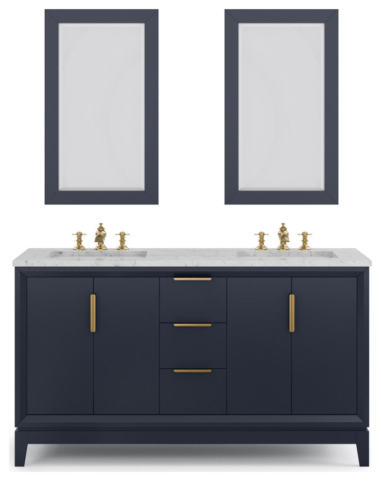 Elizabeth 60" Double Sink Carrara White Marble Vanity, Monarch Blue