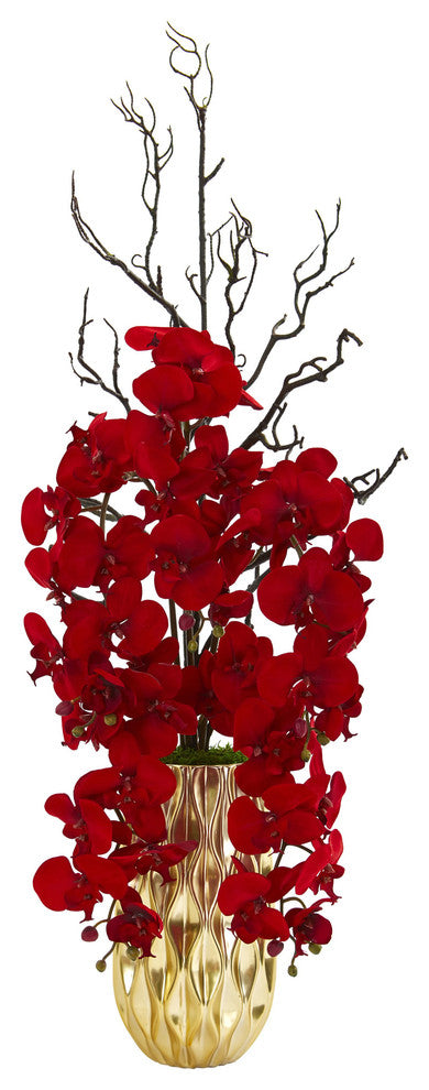 Nearly Natural Red Phalaenopsis Orchid Artificial Arrangement in Gold Vase