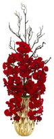 Nearly Natural Red Phalaenopsis Orchid Artificial Arrangement in Gold Vase
