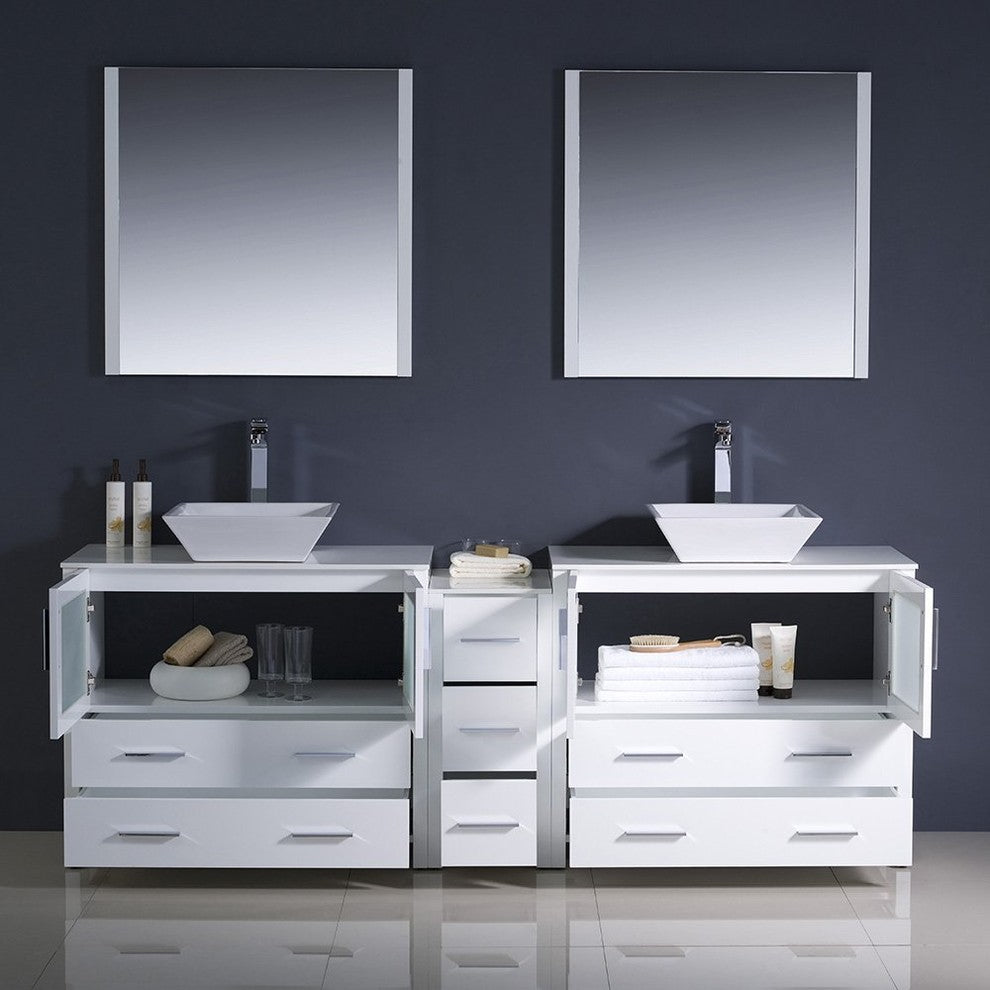 Torino 84" White Modern Double Sink Bathroom Vanity, Faucet FFT9152BN
