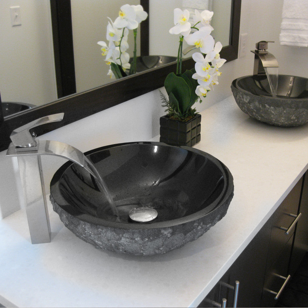 Novatto Absolute Natural Granite Vessel Sink and Drain, Brushed Nickel