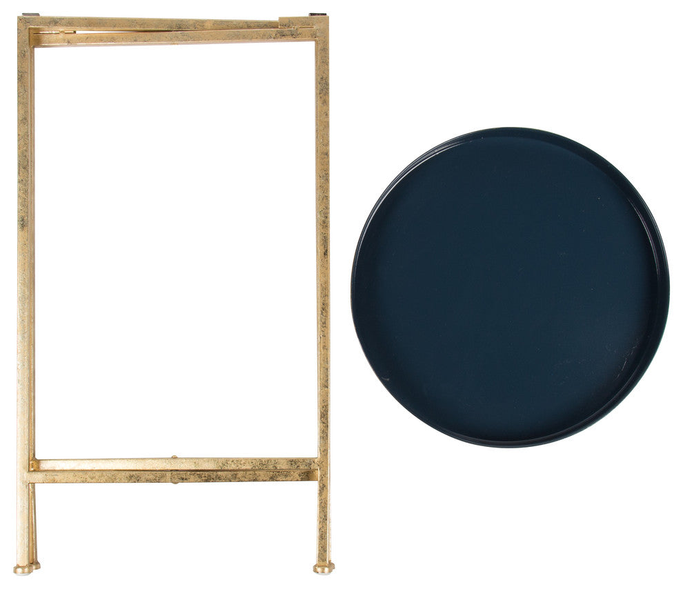 Kate and Laurel Celia Round Metal Foldable Tray Accent Table, Gold and Navy Blue