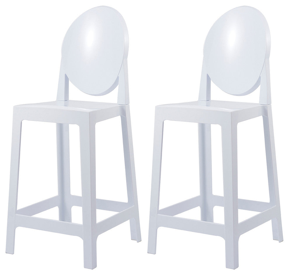 Designer Counter Height Stool With Solid High Back Side Chair Footrest, White, Set of 2