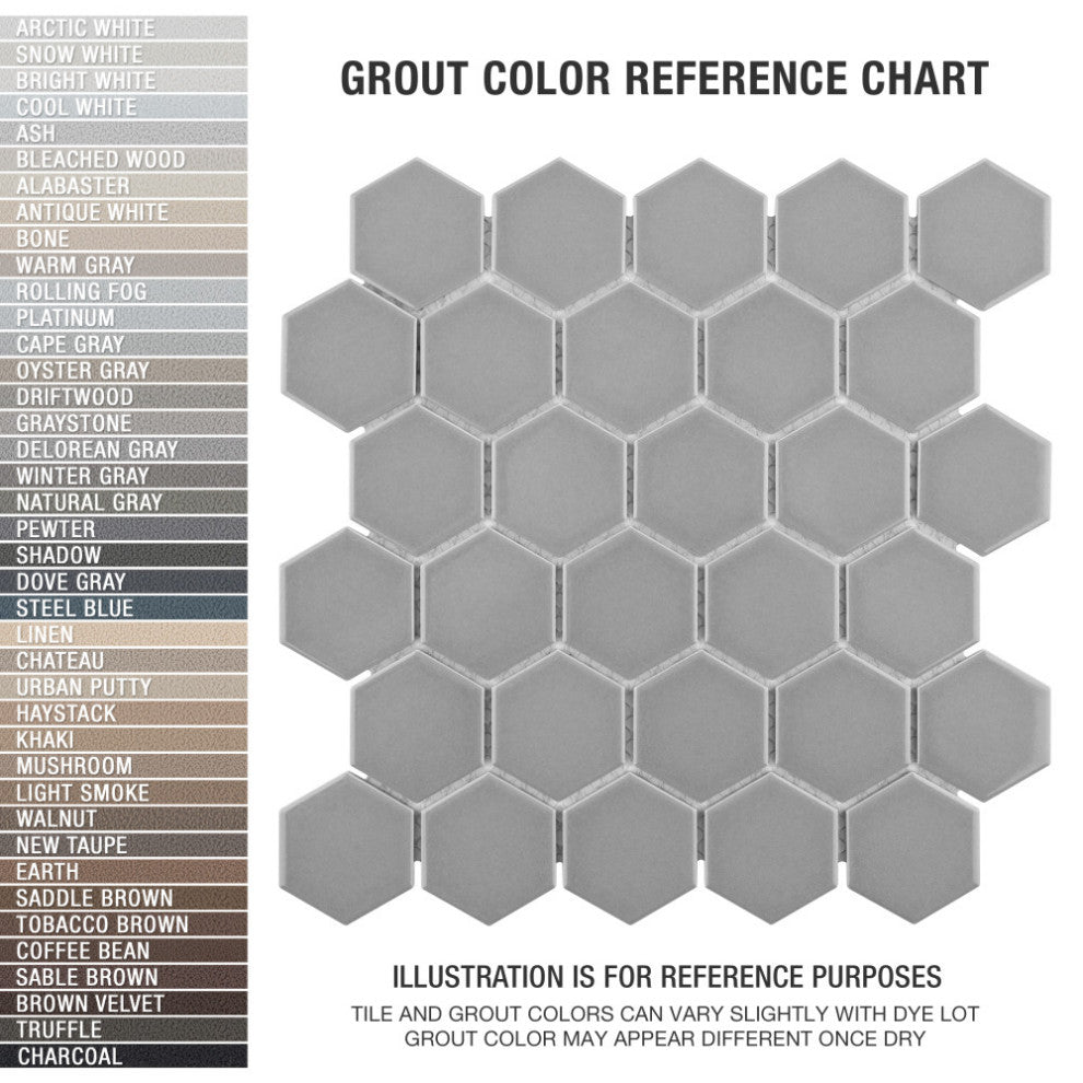 Metro 2" Hex Glossy Light Grey Porcelain Floor and Wall Tile