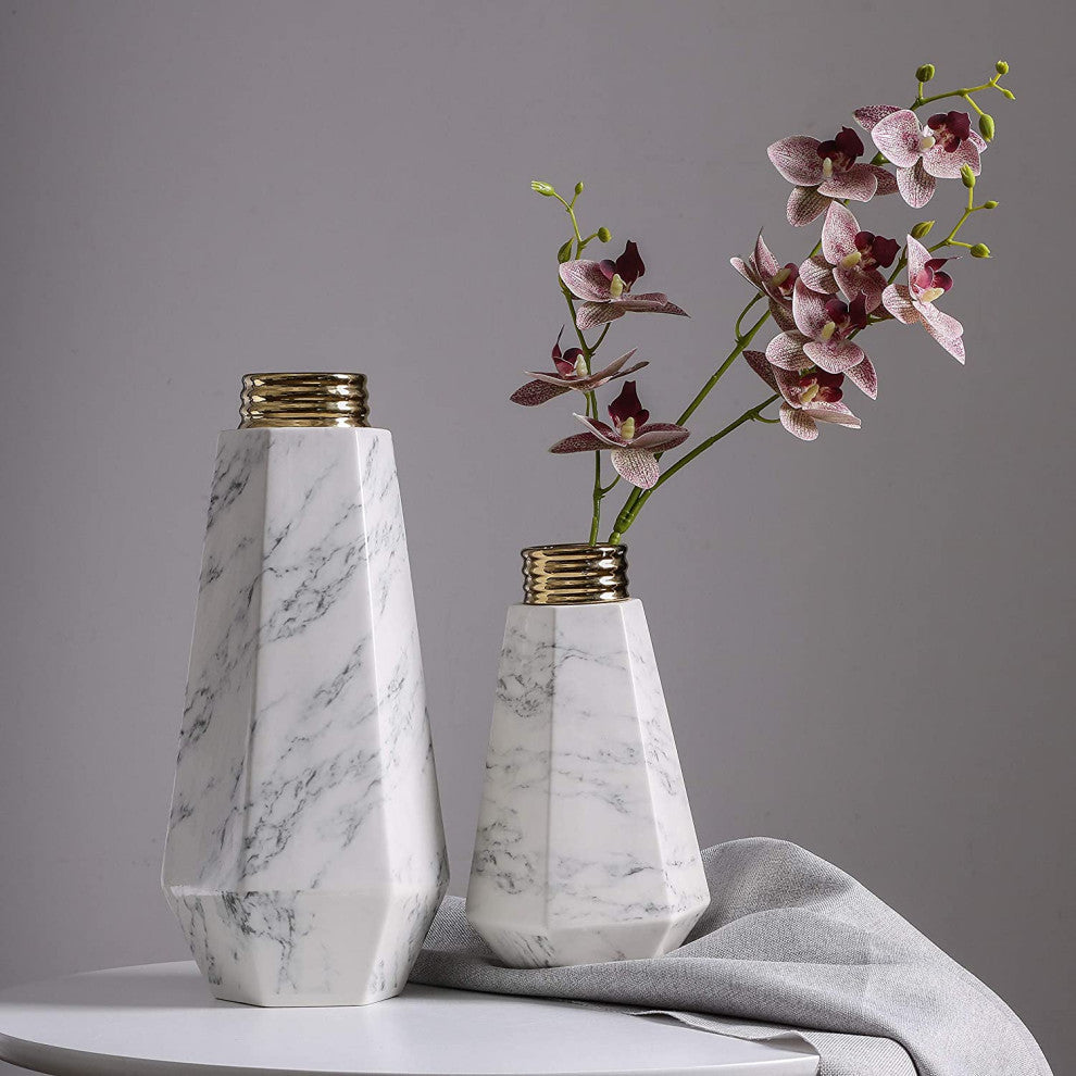 White Modern Ceramic Flower Vase, Marble Texture with Gold Detailing