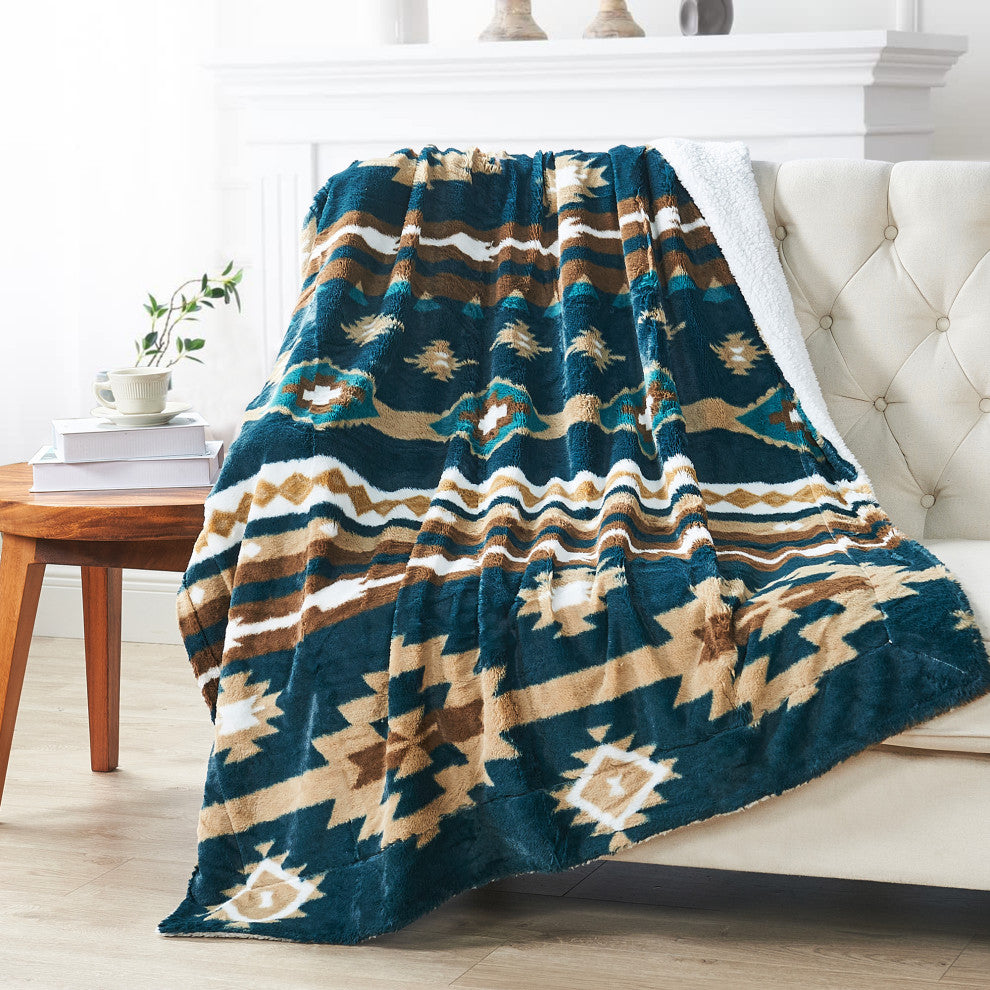 Southwest Faux Fur & Sherpa Backing Throw Blanket, Deep Teal, 60" X 80"