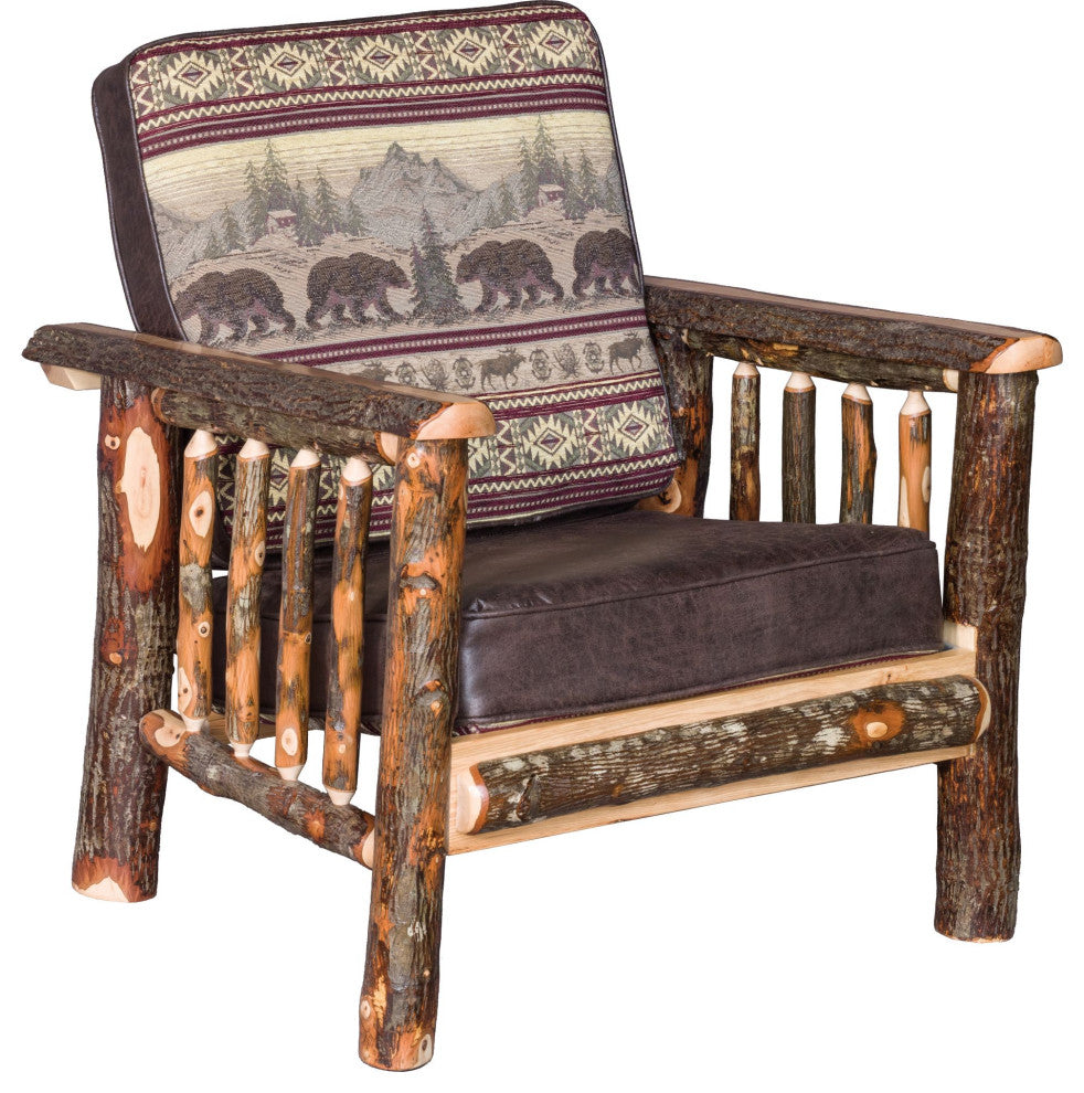 Hickory Log Living Room Chair with Faux Brown Leather Seat and Accents, Bear Run
