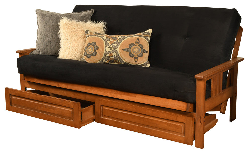 Caleb Frame Futon With Barbados Finish, Storage Drawers, Suede Black
