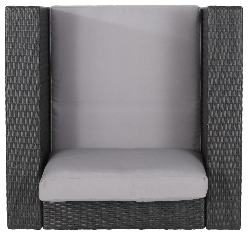 GDF Studio Verin Outdoor Gray Wicker Club Chairs, Silver Cushions, Set of 2
