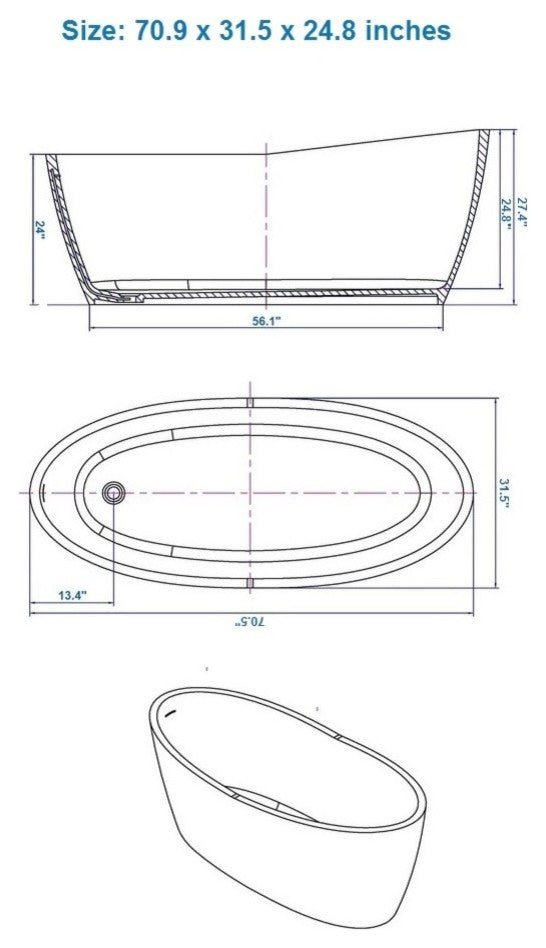 ADM Oval Freestanding Bathtub, Matte Gray/White, 70.9"