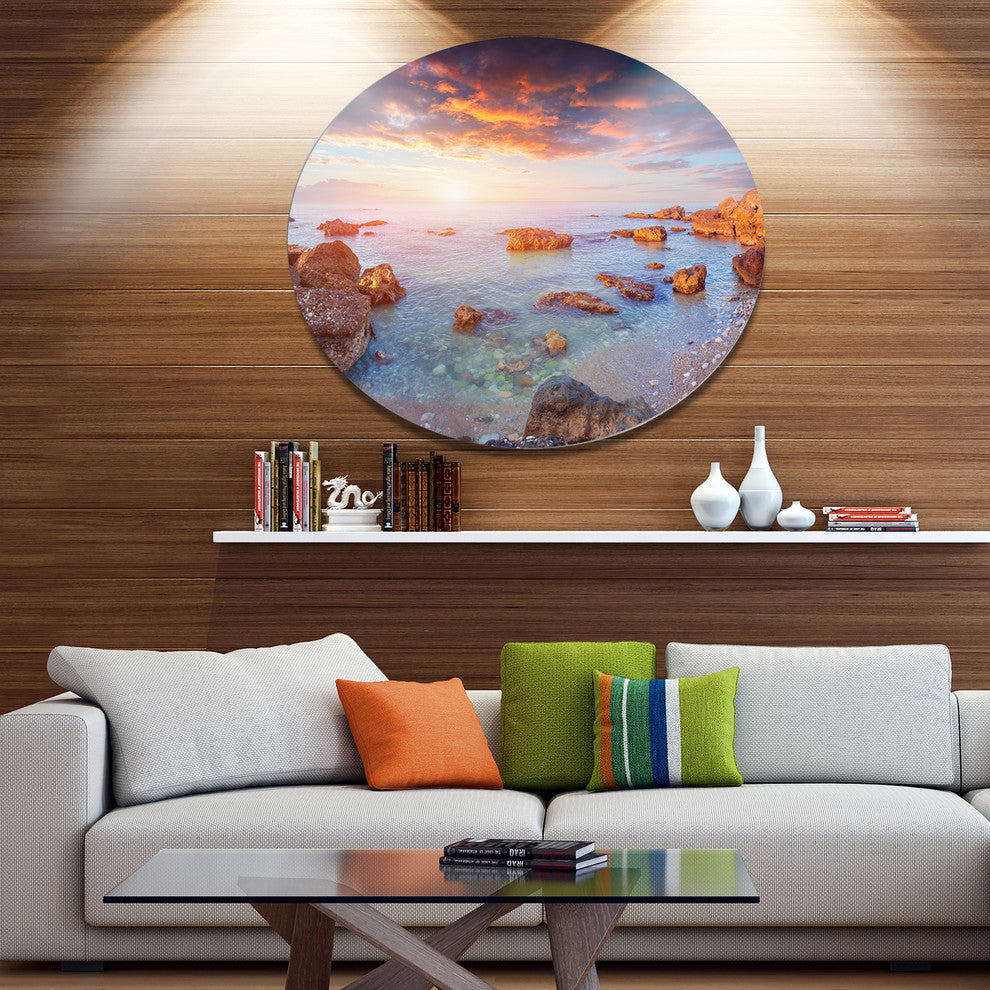 Sunrise On South Coast Of Sicily, Seashore Round Metal Wall Art, 11"