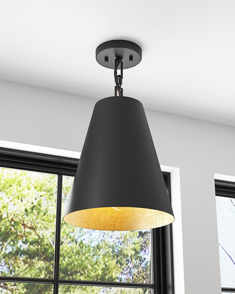 Farmhouse Gold Leaf Inside Pendant Light Fixture with Cone Metal Shade, Black