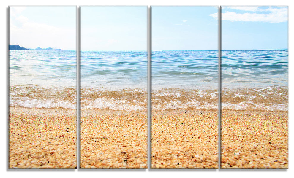 "Blue Seashore With Pebble Stones" Modern Seascape Wall Art, 4 Panels, 48"x28"