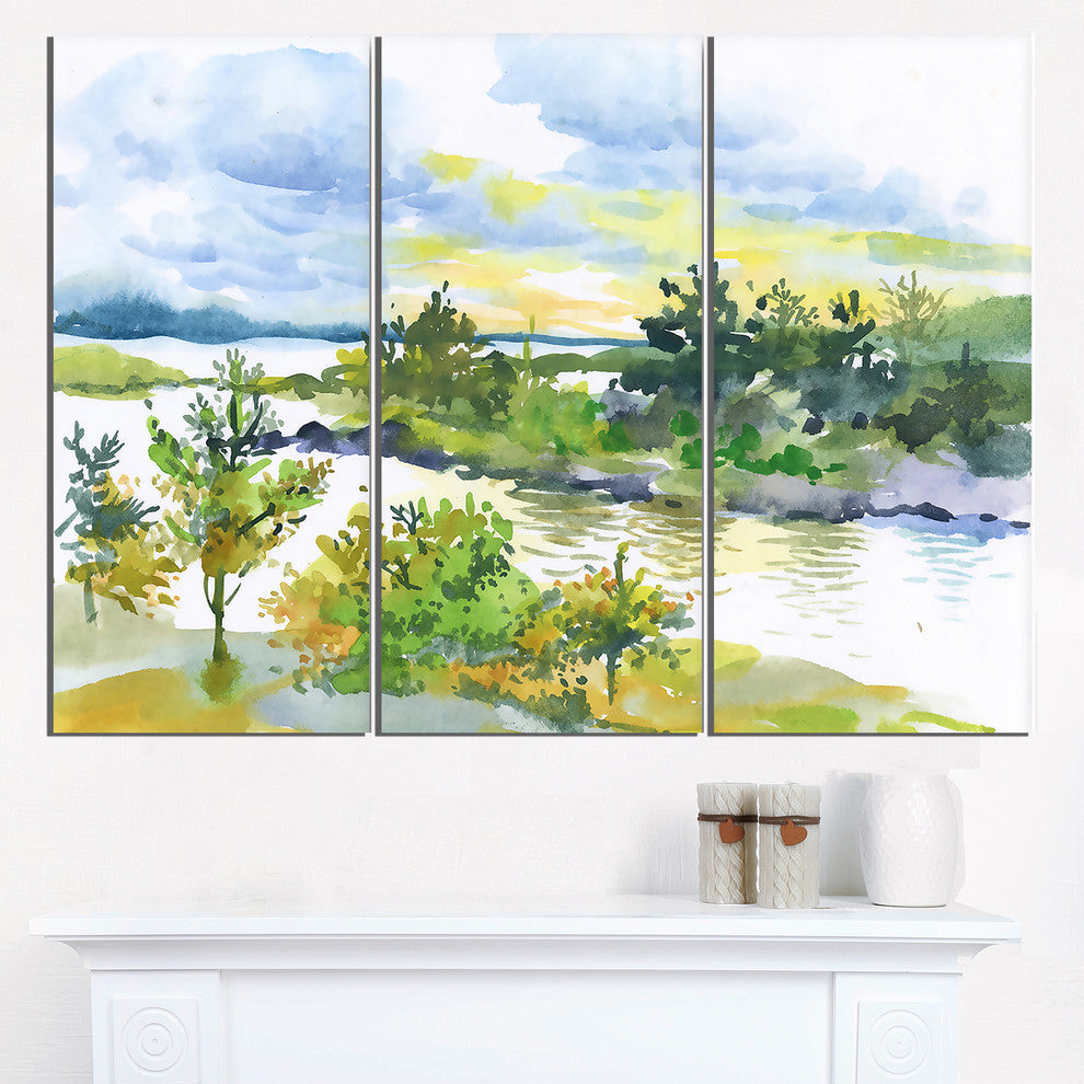 "Autumn Forest and Lake Watercolor" Metal Wall Art, 3 Panels, 36"x28"