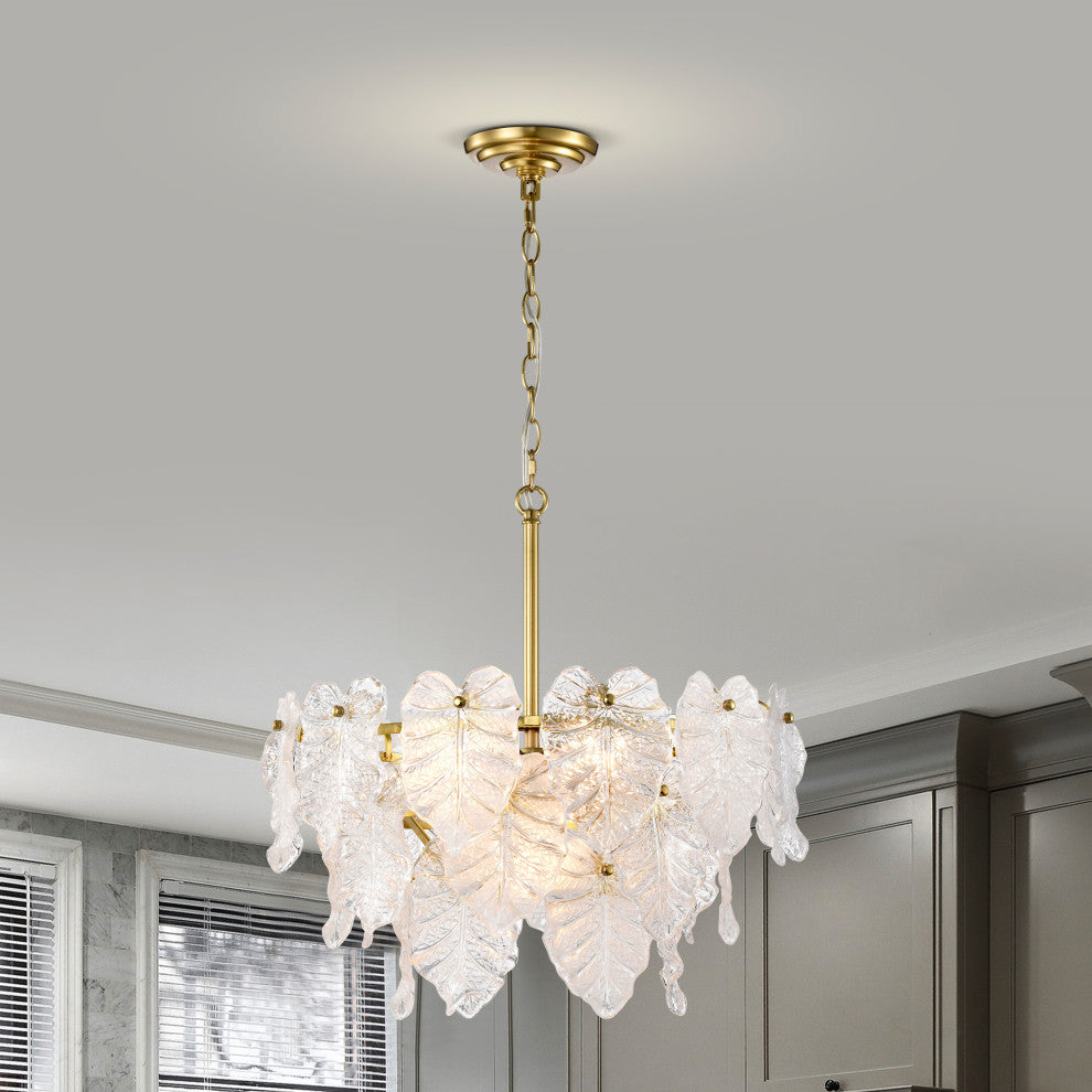 Echo Brushed Shiny Brass 7-Light Tiered Leaf-shaped Glass Chandelier 1 Variation
