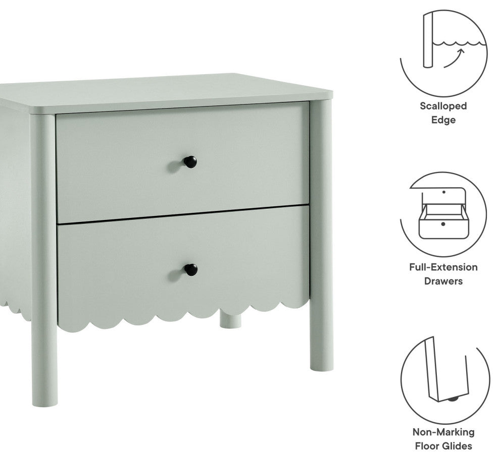 Emmeline Scalloped 2-Drawer Nightstand, Sage