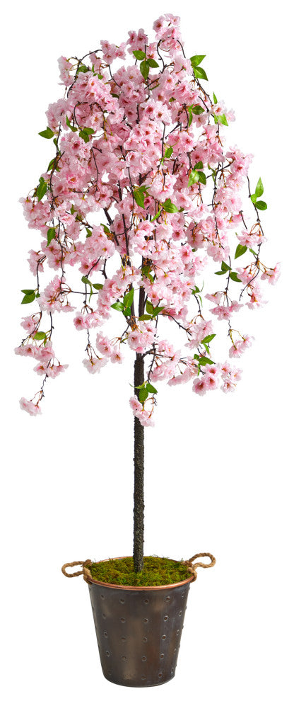 6' Cherry Blossom Artificial Tree, Decorative Metal Pail With Rope