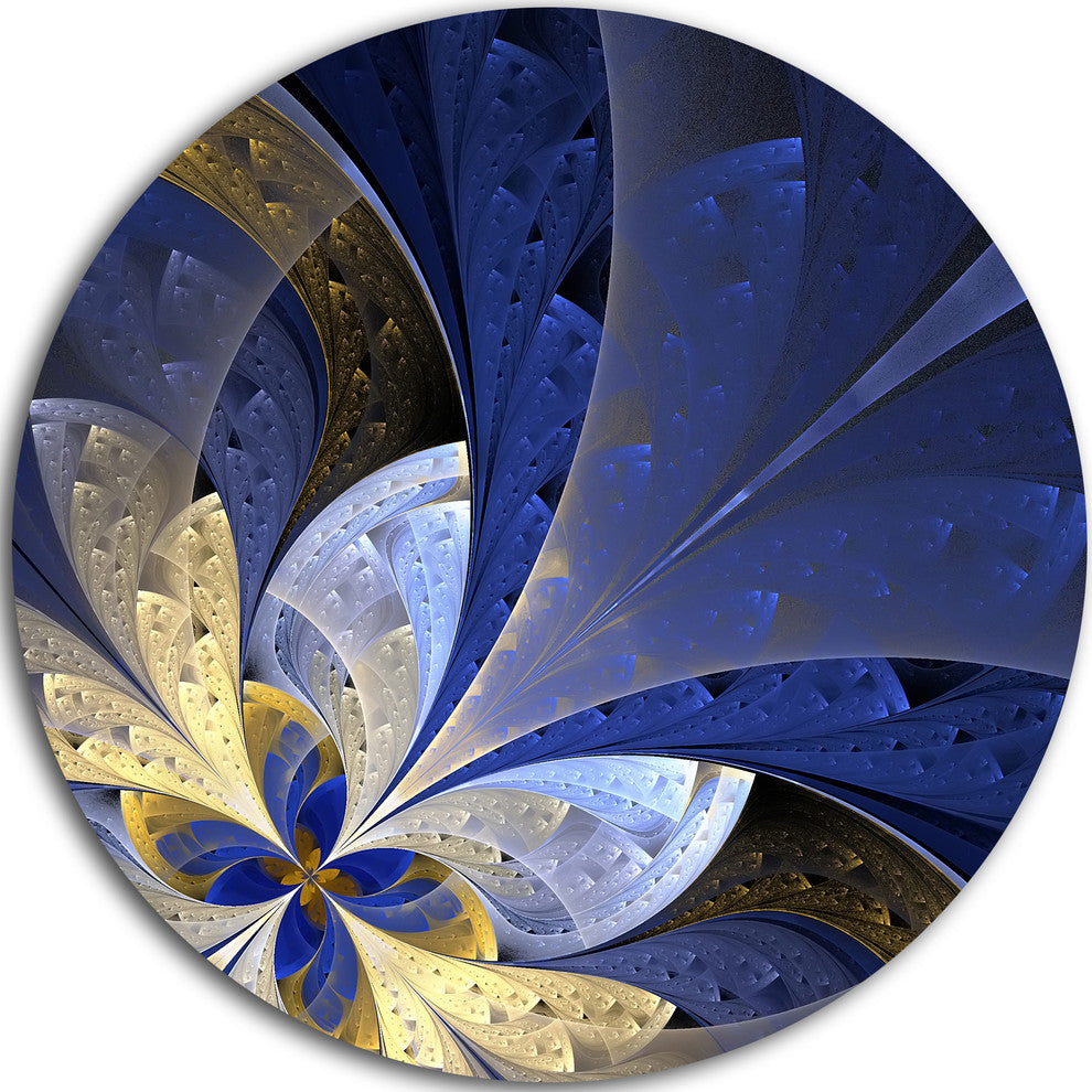Blue And Yellow Fractal Pattern, Modern Floral Round Wall Art, 36"