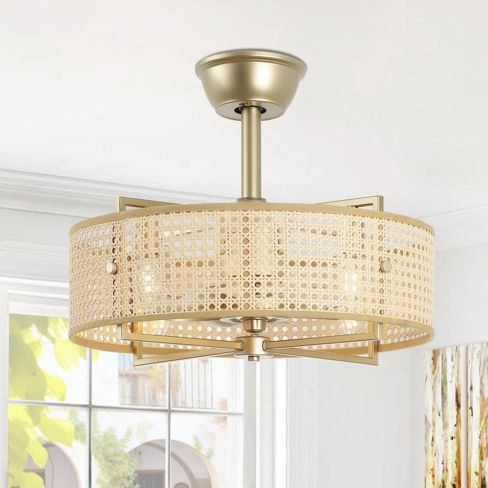 GetLedel 18" Rattan Drum Caged Ceiling Fan With Light and Remote, Gold