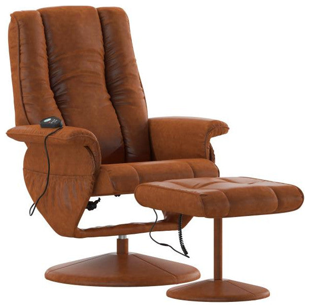 Hall Massaging Multi-Position Recliner and Ottoman with Wrapped Base, Brown
