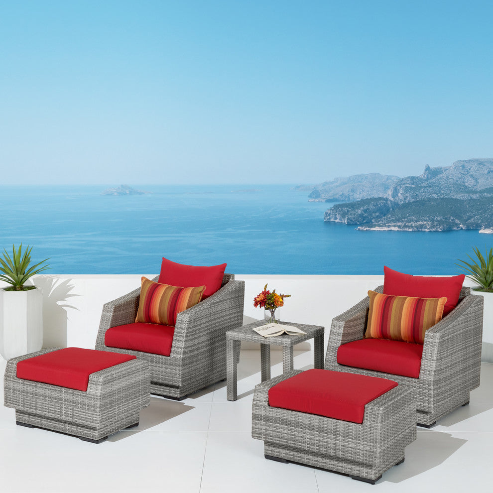 Cannes 5 Piece Sunbrella Outdoor Patio Club Chair and Ottoman Set, Red
