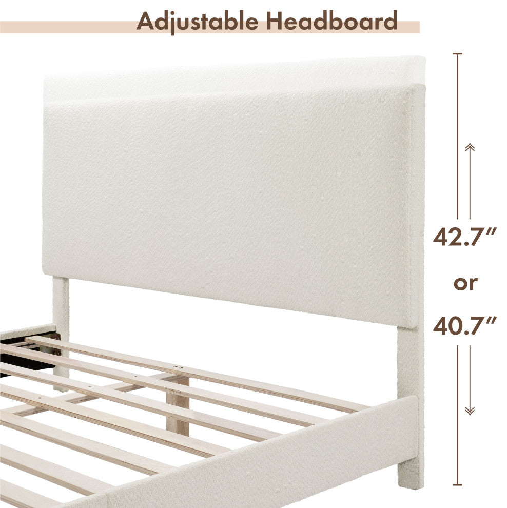 Miles White Boucle Upholstered Wood Frame Platform Bed, Queen, Simple Standard