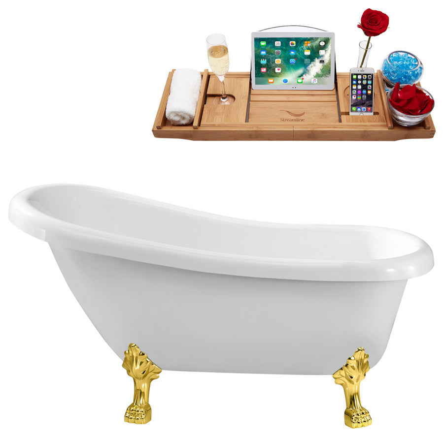 61" Streamline N480GLD-IN-WH Soaking Clawfoot Tub and Tray With Internal Drain