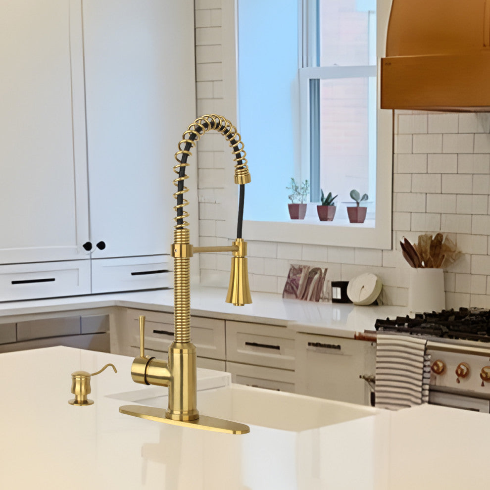 Copper Pre-Rinse Spring Pull Down Kitchen Faucet With Deck Plate Brushed Gold