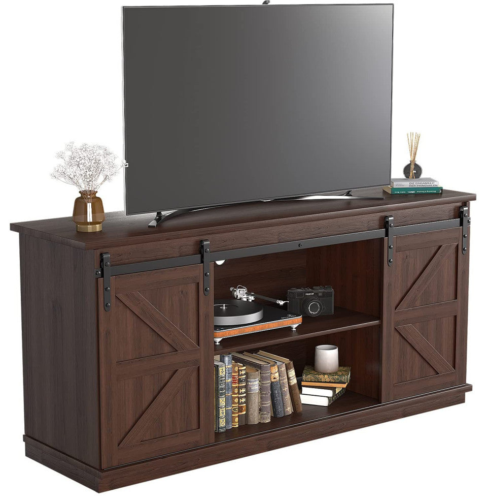 Farmhouse TV Stand for 65 Inch TV with Sliding Barn Doors and Storage Cabinets